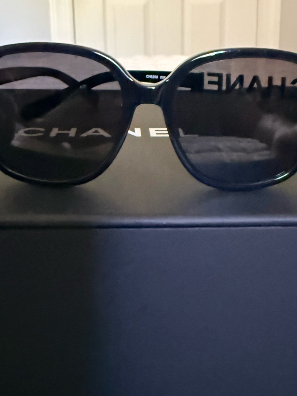 CHANEL Black Logo Arm Round Sunglasses with Bold Lettering - Picture 2 of 6